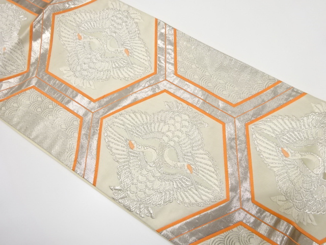 JAPANESE KIMONO / ANTIQUE FUKURO OBI / SILK / WOVEN CRANE & SEIGAIHA